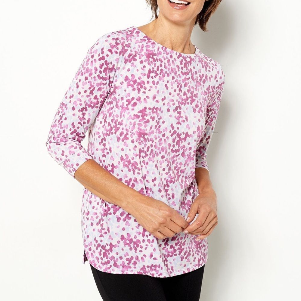 Susan Graver Printed Liquid Knit Tie Back 3/4 Sleeve Top
